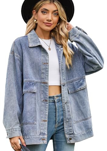 aromm Donna Oversize Denim Giacca Mezza Lunga Maniche Lunghe Outfit in Jeans, Azzurro, XL