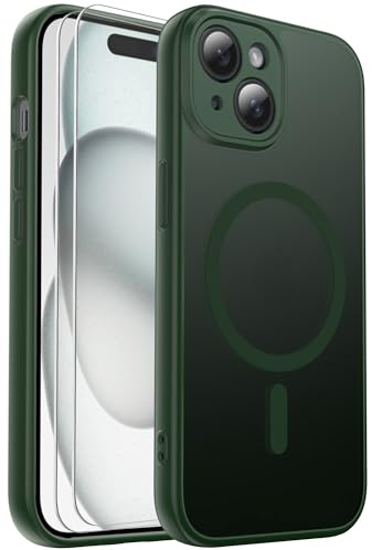 Ezanmull for iPhone 15 Case Magnetic Shockproof, Full Camera Protection, Fit for MagSafe, with Screen Protector X2, Translucent Anti-Fingerprint Case for iPhone 15 (Green)