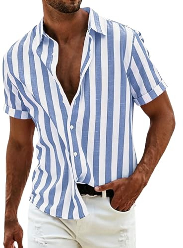 Chemise rayée en coton et lin pour homme, style décontracté, à manches courtes, à manches courtes, léger, rayé, bloc de couleurs, haut de plage d'été
