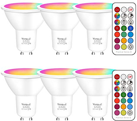 Yangcsl GU10 LED Bulbs 40W Equivalent 400LM, Color Changing Spot Light Bulb with Remote, RGB + Warm White, 45° Beam Angle and Memory, Mood Ambiance Lighting (6 Pack)