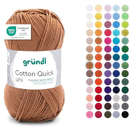 Gründl Laine Cotton Quick uni - laine fine pour crocheter - fil à tricoter – fil à crocheter – brillant et doux pour la peau – 100% coton – 1 pelote 50 g / 125 m – taille d’aiguille 3-4 - caramel
