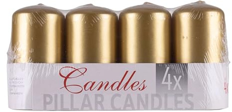 DONAU HOME Juego de velas cilíndricas estándar, lacadas/de parafina, 50x100mm, 4 unidades, doradas, velas de mesa para decoración, velas decorativas