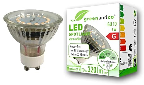 greenandco GU10 LED Spot | dimmbar ohne Dimmer | 5W 320 lm | 3000K warmweiß | 110° | 230V | CRI 90+ | flimmerfrei