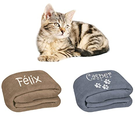 Vanevitch Couverture brodée et personnalisée pour Chat avec Son nom, Plaid, Protection canapé Fauteuil, Confortable, Polaire, 105x75cm, Chien, Animaux, Beige Gris Blanc Ciel Rose Noir Rouge