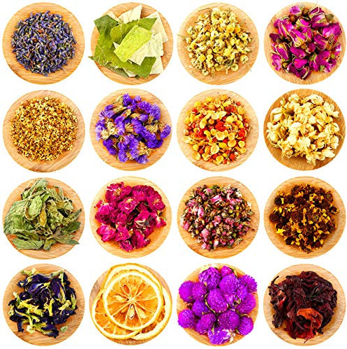 16 Borse Fiori Secchi e Erbe Secche Set di Erbe e Fiori Secchi Multipli Naturali Profumi di Boccioli di Rosa Lavanda Gelsomino Crisantemi per DIY Candela Sapone Gioielli in Resina Unghie Labbra
