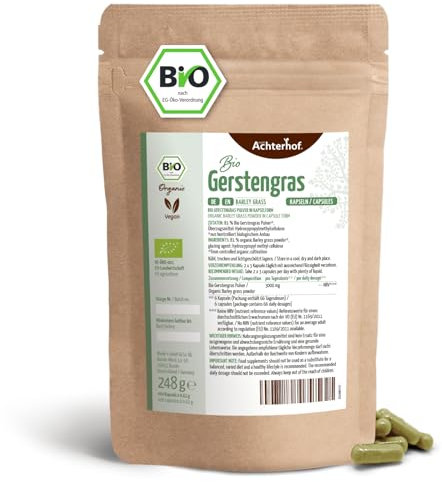 Gerstengras Kapseln Bio Nachfüllpack 400 Stück | 3000mg je Tagesdosis | fein gemahlenes Gerstengras im Kapsel-Format | aus kontrolliert biologischem Anbau | ohne Zusätze | vom Achterhof