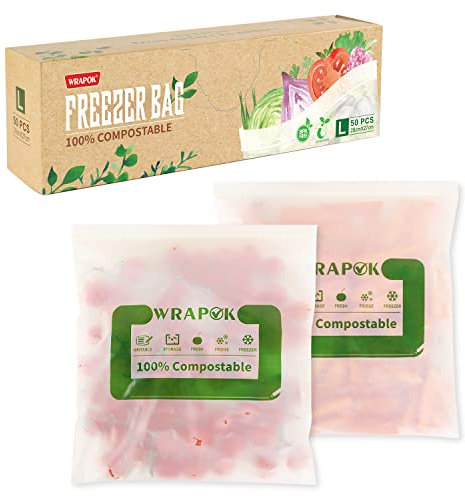 WRAPOK 100% Compostable Freezer Ziplock Bags Large Biodegradable Food Storage Bag for Vegetables, Fruits, Meats - 50 Count