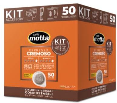 CAFFÈ MOTTA Kit Bicchieri Palette Zucchero con 50 Cialde ESE 44 mm Espresso CREMOSO - Caffe in Cialde Compostabili - Made in Italy (1 Confezione di Kit 50)