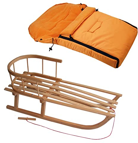 Kombierbjudande träsläde med ryggstöd och dragrep + universell vinteråksäck (90 cm), även lämplig för babystol, barnvagn, buggy, termofleece uni (orange + släde)