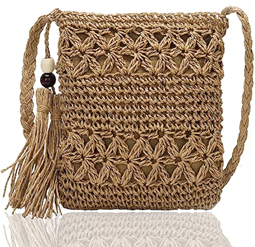 XiXiRan Sac en Paille Tissu, Femme, Plage, Sac Bandouliere en Crochet, Petit Sac Osier D'été Effet Raphia avec Bandoulière Réglable