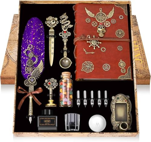 Oauir Gusix Federstift Tinte Set,Feder-Tintenset mit Federkiel,Notizbuch,5 austauschbare Federn,Siegelstempel,Stifthalter,Becher,Umschlag,Briefpapier,Umschlagwerkzeug (lila)