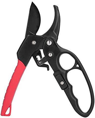 Lybunair Tijeras de podar con trinquete rojo y negro, tijeras de podar segmentadas con interruptor deslizante que ahorra esfuerzo para ramas de huerto y jardín