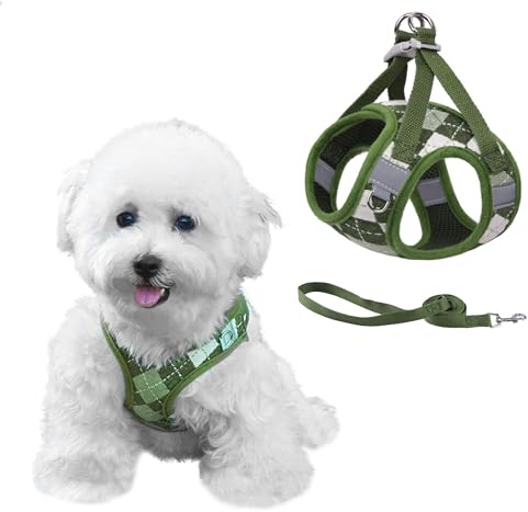 PawSailor Step-in Harnais Petit Chien Anti-Traction, Harnais Doux Réglable Respirant, Réfléchissant Rembourré pour Chiots, avec Motif à Carreaux, Confortable, Vert XS