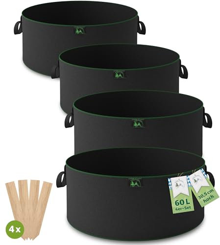 TTL Garden 4X 60L Hochbeet Pflanzsack aus Vliesstoff - 4er Set 60 Liter Filz Hochbeet Pflanzsäcke Ø 50 x H 30,5 cm 300 g/m² Filz & Vliesstoff Stoffbeet für Balkon Terrasse Gewächshaus & Garten