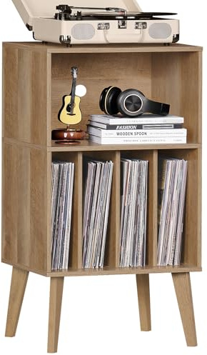 Soporte para tocadiscos, moderno soporte para tocadiscos que puede acomodar hasta 160 álbumes, soporte de almacenamiento de vinilo de Mid-Century, mesa con patas de madera, estante para tocadiscos