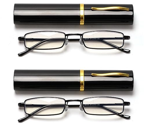 VANANA Slim Pocket Reading Glasses, Blue Light Blocking Magnifying Glasses, Metal Frame Spring Hinge Compact Readers with Portable Clip Case, Unisex for Men Women, Pack of 2 (Black, 2.5, x)