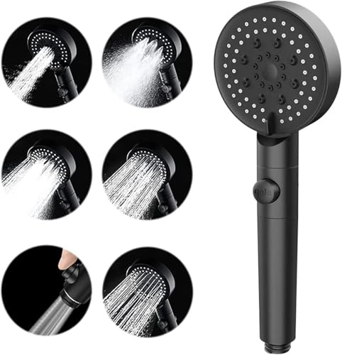 PacuM High Pressure Water Saving Shower Head with 5 Spray Modes Handheld | Multifunction Shower Head with Stop Button Hard Water Softener Showerhead for Low Water Pressure (Black)
