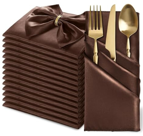 FANSU Servietten 20/50/100er Pack, Satin Hochwertige Stoffserviette Waschbare Weiche Stoffservietten für Weihnachten, Hochzeit, Geburtstag, Feiern (30x30cm/100er Pack,Braun)