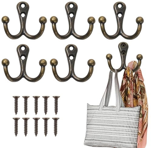 AONAYO 5 Stück Garderobenhaken Vintage, Doppelhaken, Kleiderhaken Wand, Wandhaken Schwerlast Mit Schrauben Für Bad Toilette Badezimmer Küche (Bronze)