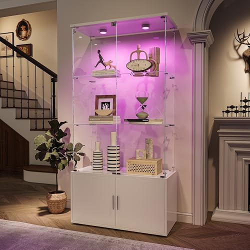 FOERPL Vitrina, Vitrina de Cristal LED vitrina de cristal para colección con 2 puertas, Vitrina de Cristal de 3 Niveles Armario Vitrina con Cerradura Vitrina Mueble Salón Bar (3 pisos+B luces, Blanco)
