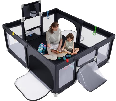 LIFEZEAL Parque Infantil de 188 x 157 cm, con Canasta de Baloncesto, Portería de Fútbol y Pelotas de Juego, Rejilla para Gatear con Colchón, Parque Portátil con Bolsa de Transporte (Negro)