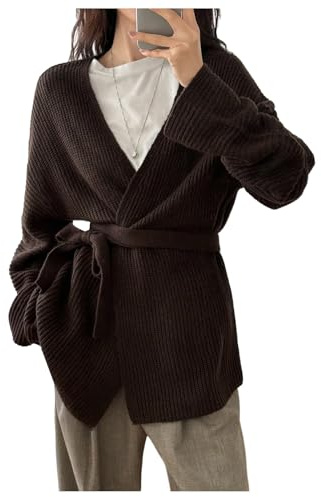 MakeMeChic Women's Wrap Sweater Cardigan Long Sleeve V Neck Belted Rib Knitted Fall Retro Knit Tops Brown Large