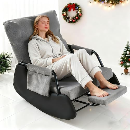 TerraVibe Mecedora con reposapiés, silla mecedora con respaldo plegable, mecedora de salón hasta 150 kg, mecedora ajustable para salón, dormitorio, balcones (gris oscuro)