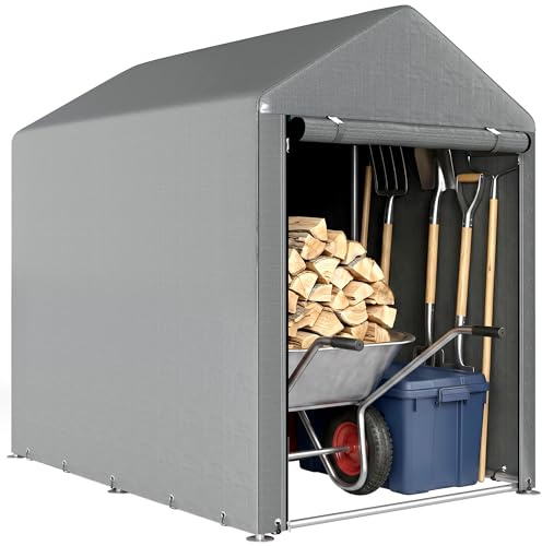 Outsunny Carpa de Jardín Exterior para Herramientas Bicicletas 1,2x1,8x1,65 m, Cobertizo Exterior con 2 Habitaciones, Puerta Enrollable con Cremallera, Impermeable Anti-UV, Garaje Portátil, Gris Claro