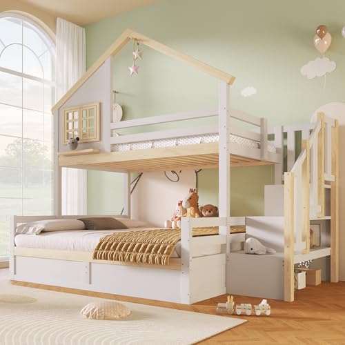 Moimhear Letto a castello idraulico con sponda per letto, scala portaoggetti, decorazione per finestre e casa, bianco + naturale