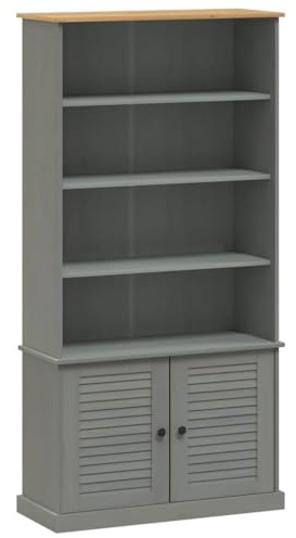 Favemtsl Libreria VIGO 85 x 35 x 170 cm, in legno massiccio di pino, scaffale con ante e ripiani, armadio rustico per soggiorno, design a persiane, grigio