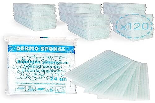 Queraltó, Esponjas jabonosas desechables, para adultos, Niños, Bebés, 5 Packs de 24 Esponjas, Uso casi sin agua, Hidratante, Suaves