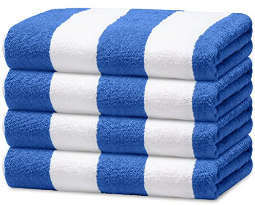 Avalon Towels Cabana Beach Towels 4 Pack (Size 30x60) Inches Oversized, 100% Ring Spun Cotton, Highly Absorbent Large Pool Towels, Super Soft and Quick Drying, Perfect for Gifts (Blue Stripe)