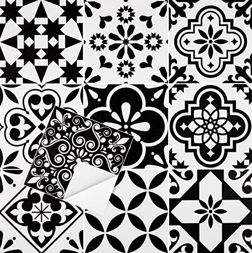 Adhesive Floor Tiles Peel and Stick Floor Tiles Vinyl Flooring | For Kitchen Bathroom Living Room Waterproof Black White 20X20cm 10pcs