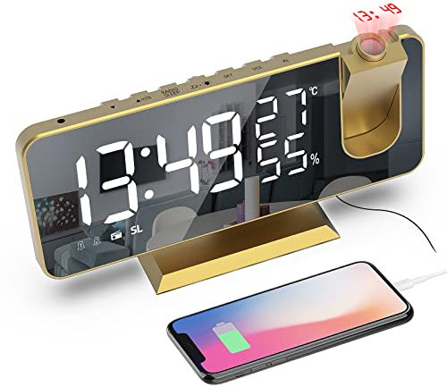 Mightree Projection Alarm Clock for Bedroom, Digital Alarm Clock with USB Charger, 7.4 Large LED Mirror Display Radio Alarm Clock, Dual Smart Alarm with Projection on Ceiling, Rich Gold