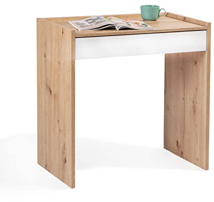 Habitdesign Mesa de Estudio con 1 Cajon, Mesa de Oficina o Escritorio, Modelo Noa, Acabado en Blanco Artik y Roble Nodi, Medidas: 81,5 cm (Largo) x 40 cm (Ancho) x 77 cm (Alto)