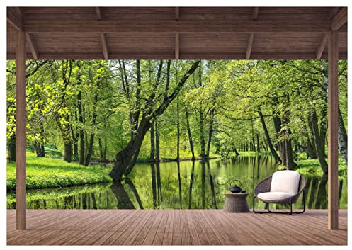 wandmotiv24 Fototapete Ausblick Terrasse Wald Fluss, XS 150 x 105cm - 3 Teile, Wanddeko, Wandbild, Wandtapete, Sessel Teekanne Berge Wasser Holz Pergola Bäume M6844