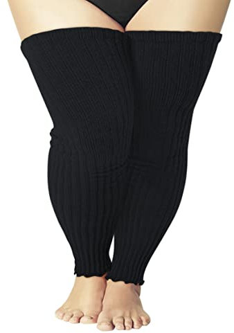 COZYOFFI Women's Plus Size Leg Warmers Knit Over Knee High Footless Socks for Thick Thighs, C02-black