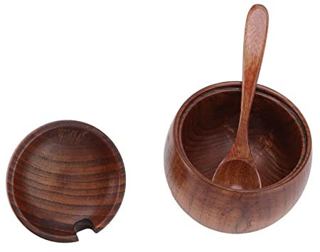 Akozon Azucarero de madera, contenedor con tapa de cuchara, cuenco de herramientas de cocina, tarro de especias de madera, caja de sal, almacenamiento de condimentos