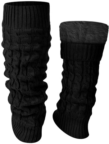 Shihanee Winter Fleece Lined Leg Warmers for Women Knit Long Leg Warmers Warm Fleece Lined Boot Socks for Skating Daily Wear (Black,Cable Knit Pattern)