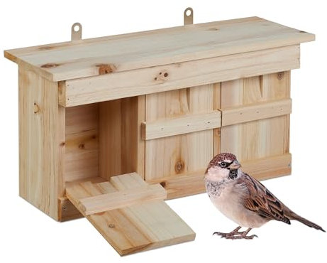 Relaxdays Caja Nido para Gorriones Nistkasten für Spatzen, 3 Brutkammern, Tannenholz, Einflugspalt HxB: 3 x 2 cm, Vogelhaus zum Aufhängen, Natur, Holz