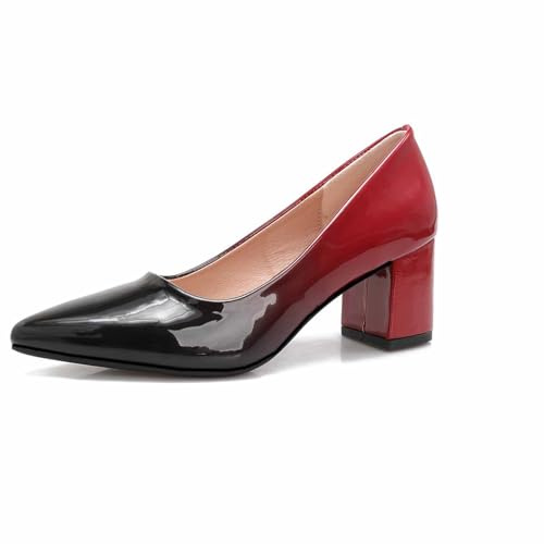 qibusleen Escarpins à Enfiler en Cuir Verni pour Femmes Escarpins Confortables de 2,36 Pouces à Bout Pointu et Talons épais Chaussures de Travail Bicolores pour femmes-Rouge-41