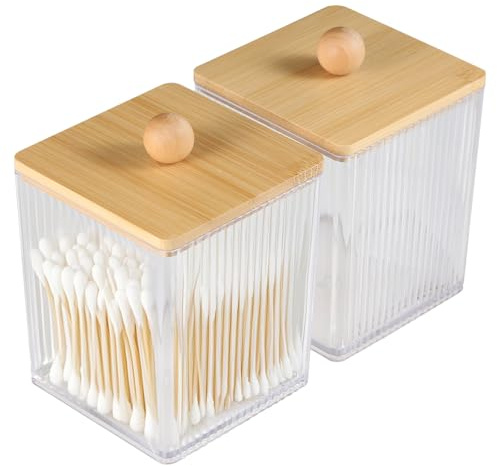 FHISKUNYU Organizador de Baño Acrílico Transparente con Tapa de Bambú - 2 Unidades, Dispensador para Bastoncillos de Algodón, Discos Desmaquillantes, Cosméticos y Accesorios Pequeños