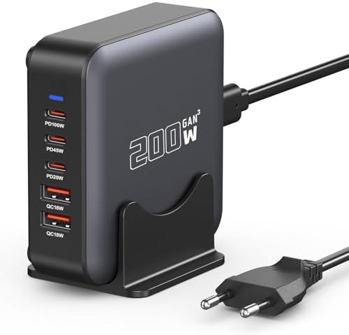 200W Cargador USB C Multiple, Estación de Carga GAN III de 5 Puertos, PD+QC PPS Carga rápida 100W Portátil Adaptador Compatible con MacBook Pro/Air/iPhone 15/16/Samsung Galaxy S23/S24/Laptop