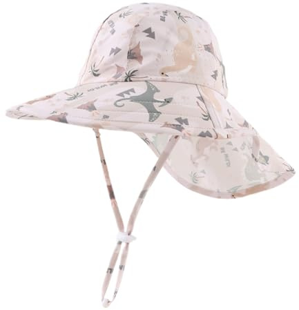 XIAOHAWANG Baby solhatt UV-skydd barn solhatt med nackskydd sommarmössa vattentät andas sommar toppmössa för flickor pojkar, Beige dinosaurie, 3-12 månader