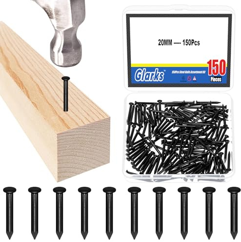 Glarks Kit di 150 chiodi in acciaio al mattone da 20 mm, chiodi in acciaio al carbonio nero, chiodi di finitura, chiodi per appendere quadri, chiodi in legno, chiodi in cemento per cartongesso e pino