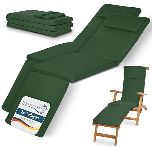 Beautissu 2-pack lyxiga solstolsdynor med avtagbart överdrag lounge | 175x45x5cm grön bekväma solsängsdynor för solstol trädgårdsmöbler väderbeständiga och hållbara dynor dyna LoftLux DC