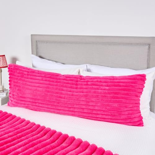 OHS Ribbed Faux Fur Bolster Cushion Pink, Full Body Long Pillows Soft Cosy Hollowfibre Filling Pregnancy Pillow for Maternity Support & Side Sleeper Bolster Pillow, 125 x 45cm