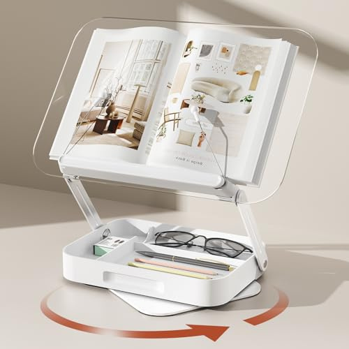 Acrylic Book Stand with Storage, Adjustable Book Holder for Reading with 360° Rotating Bases, Foldable Desktop Riser Stand, Elastic Clips for Cookbook Recipe Magazines Tablets, Laptops (White Acrylic)