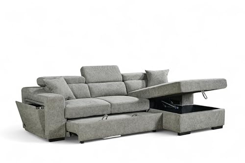Grey Fabric Corner Sofa Bed with Storage, USB and Wireless Charging Dock ARTHUR - L Shaped Pull Out Sofa Bed 3 Seater for Family Living Room with Cushions, 220 x 140 cm Sleeping Area, Right Hand