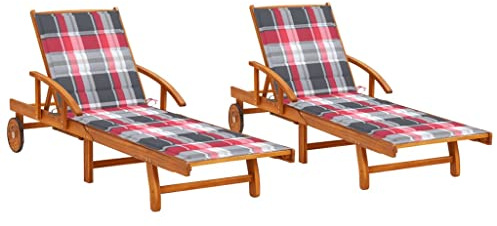 JHQHSM Lettini da giardino in legno di acacia massiccio, 2 pezzi, con cuscini, resistenti alle intemperie, schienale e poggiapiedi, pieghevoli in legno con ruote, per terrazza e piscina